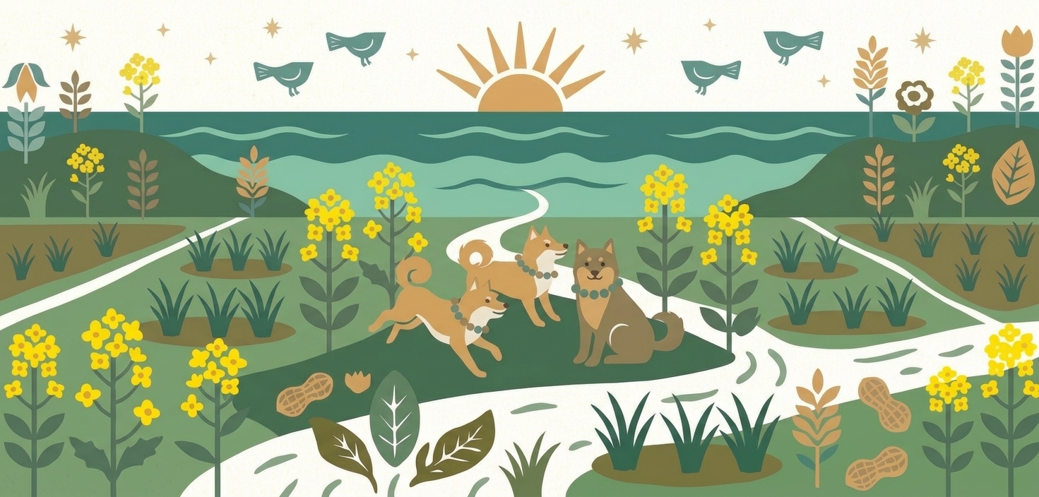 海へ続く道と房総の花々、犬たちを描いたイラスト